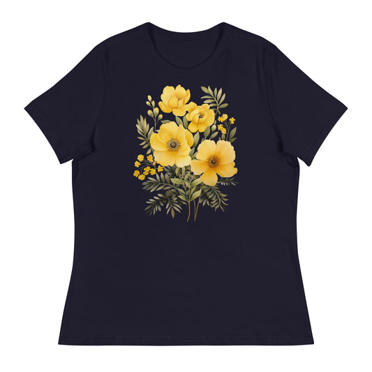 Yellow Flowers With Stems, Women Tshirt, Floral Spring Boho Ladies Female Designer Graphic Aesthetic Relaxed Crewneck Tee Shirt Top