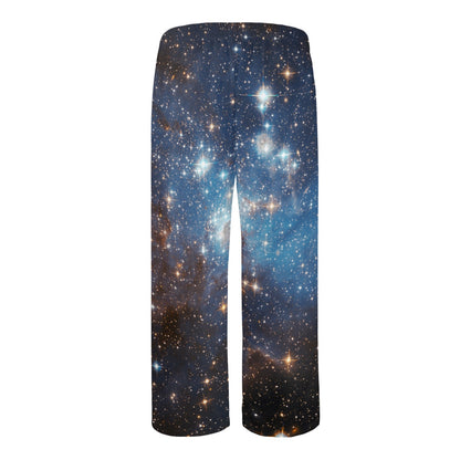 Galaxy Space Men Pajamas Pants, Universe Blue Satin PJ Pockets Sleep Lounge Trousers Couples Matching Trousers Bottoms