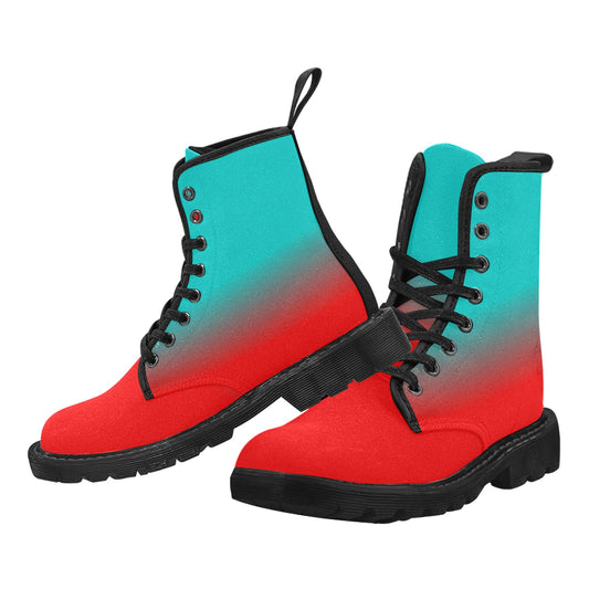 Red Teal Ombre Women's Boots, Green Gradient Dip Dye Vegan Canvas Lace Up Shoes Print Army Ankle Combat Winter Casual Custom Gift Starcove Fashion