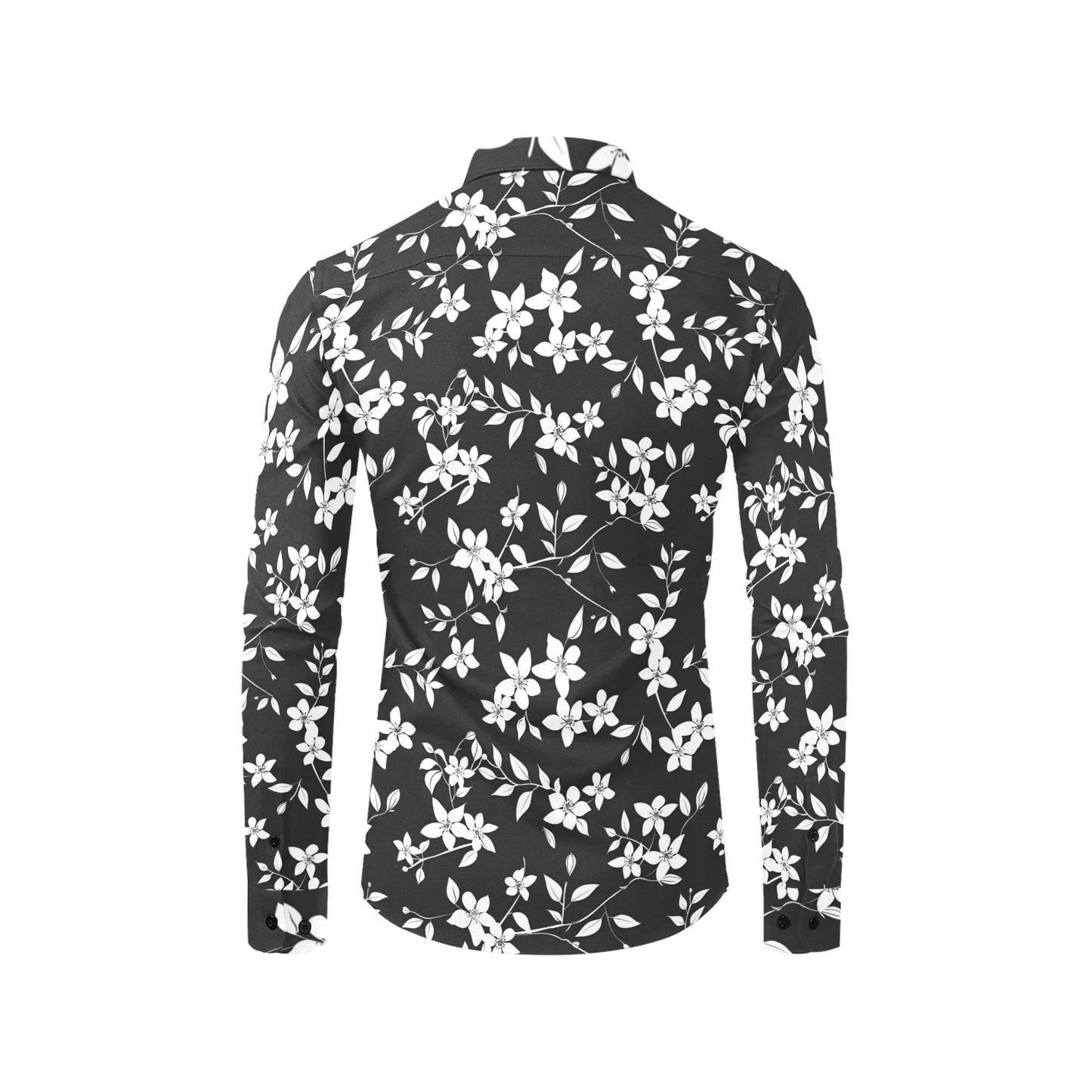 Black and White Floral Long Sleeve Men Button Up Shirt, Flowers Summer Print Dress Buttoned Collar Casual Male Guy Plus Size Shirt