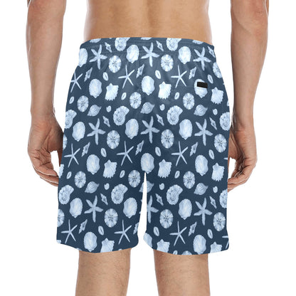 Sea Shells Men Mid Length Shorts, Ocean Beach Swim Trunks Front and Back Pockets & Mesh Drawstring Boys Casual Bathing Suit Summer Designer