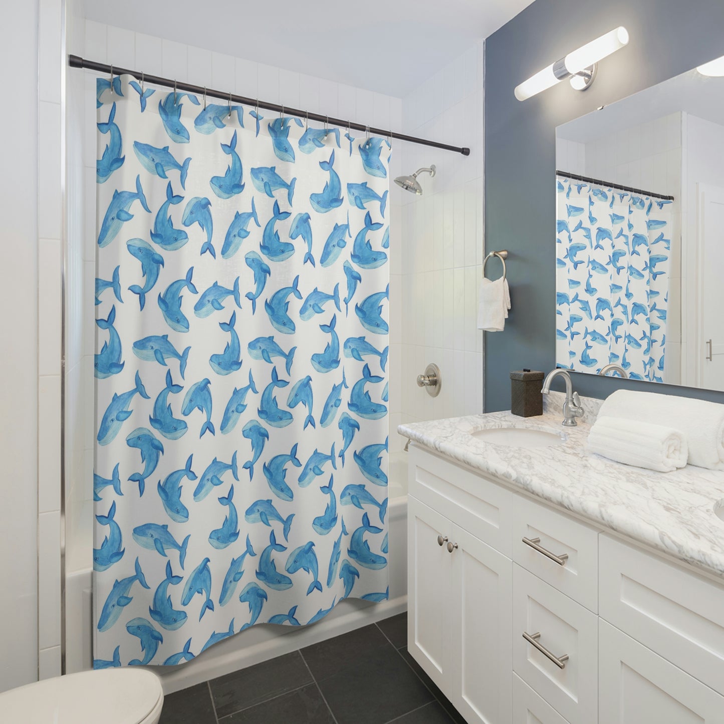 Blue Whale Shower Curtain, Watercolor Ocean Sea Humpback Beach Nautical Cute Fabric Unique Bath Bathroom Decor Cool Home Gift