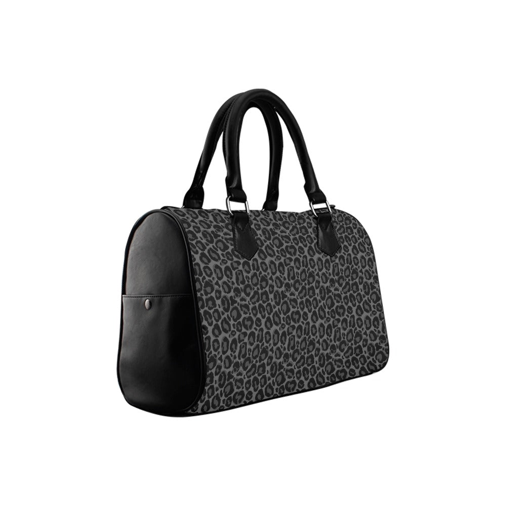 Black Leopard Print Purse Handbag, Animal Cheetah Grey Canvas and Leather Top Handle Boston Barrel Type Designer Accessory Women Bag Starcove Fashion
