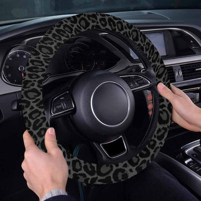 Black Leopard Steering Wheel Cover with Anti-Slip Insert, Grey Cheetah Animal Print Gray Car Auto Wrap Protector Women Accessories 15 Inch