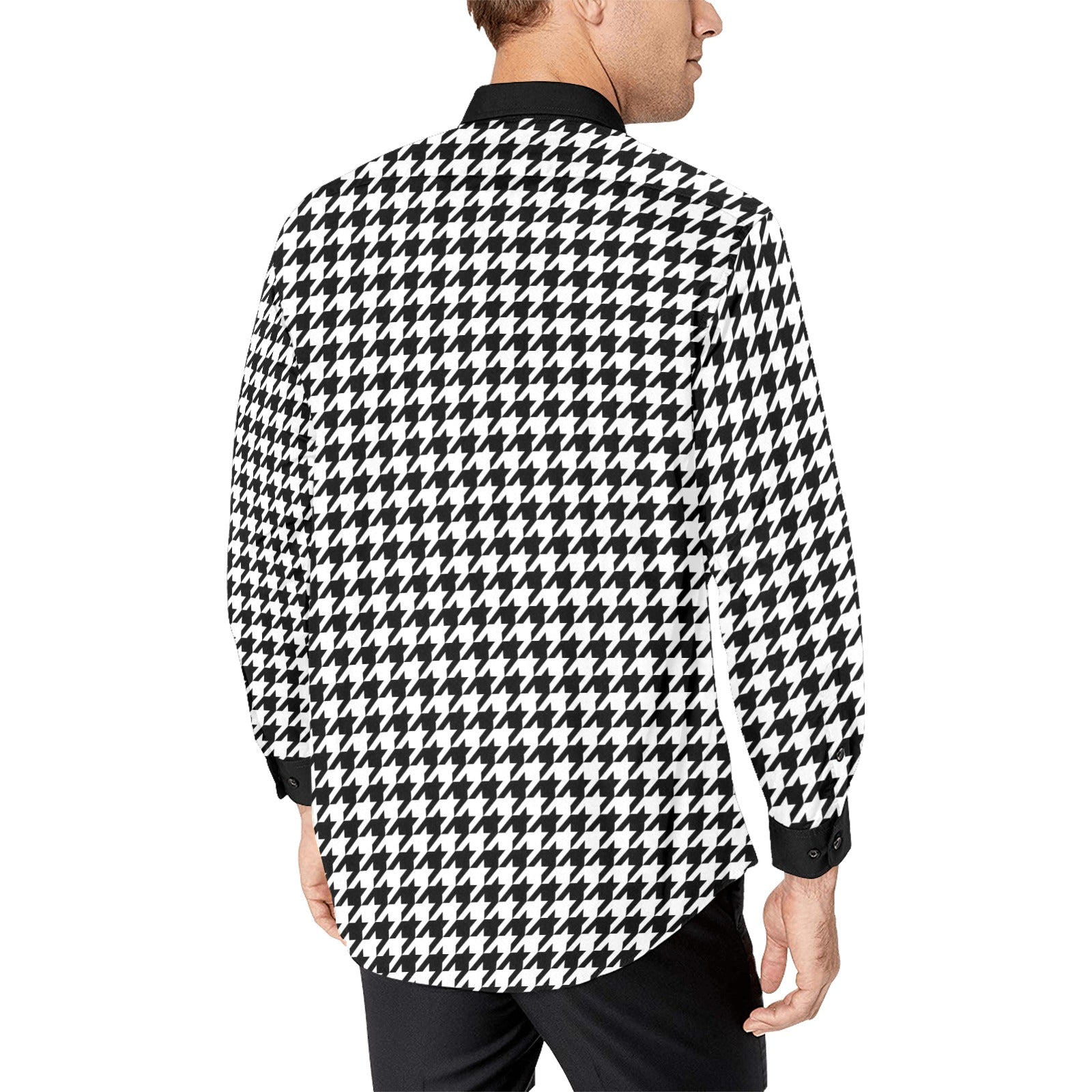 Houndstooth Long Sleeve Men Button Up Shirt, Pattern Black White Print Dress Buttoned Collar Dress Shirt with Chest Pocket Starcove Fashion