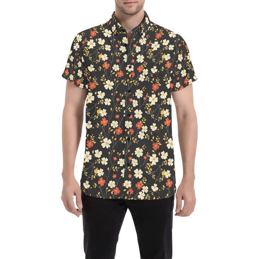 Black Floral Short Sleeve Men Button Up Shirt, Flowers Cottagecore Print Casual Buttoned Down Summer Dress Guys Male Collared Shirt