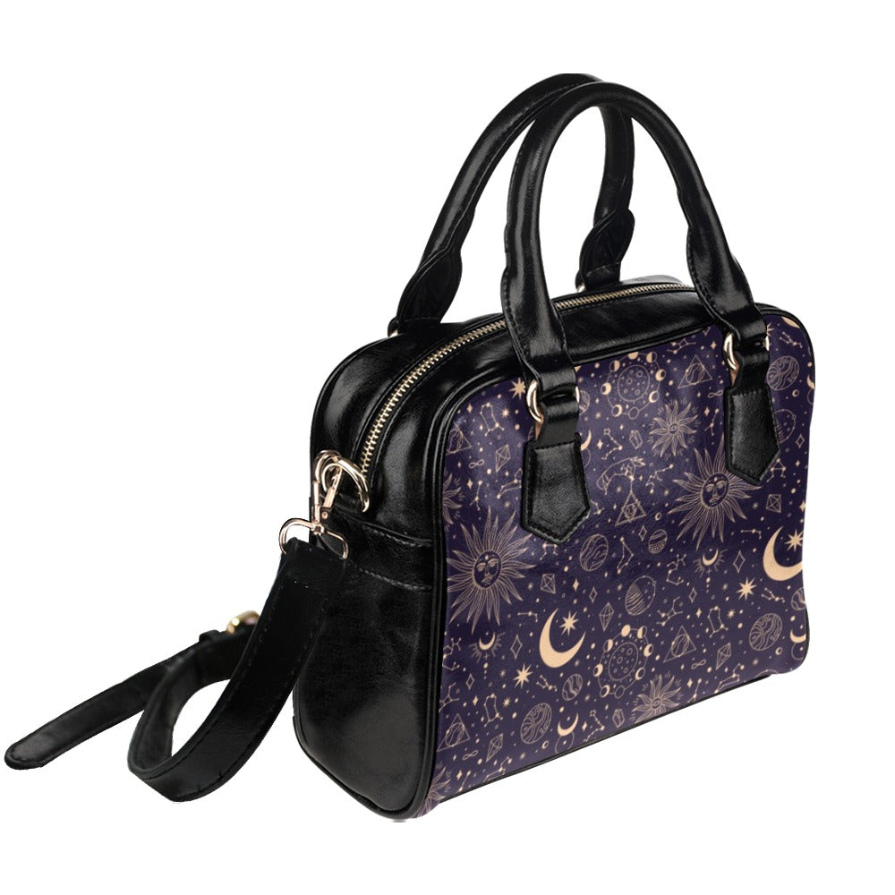 Celestial Stars Purse, Constellation Space Black Purple Sun Moon Cute Small Shoulder Zip Bag High Grade PU Leather Women Designer Handbag