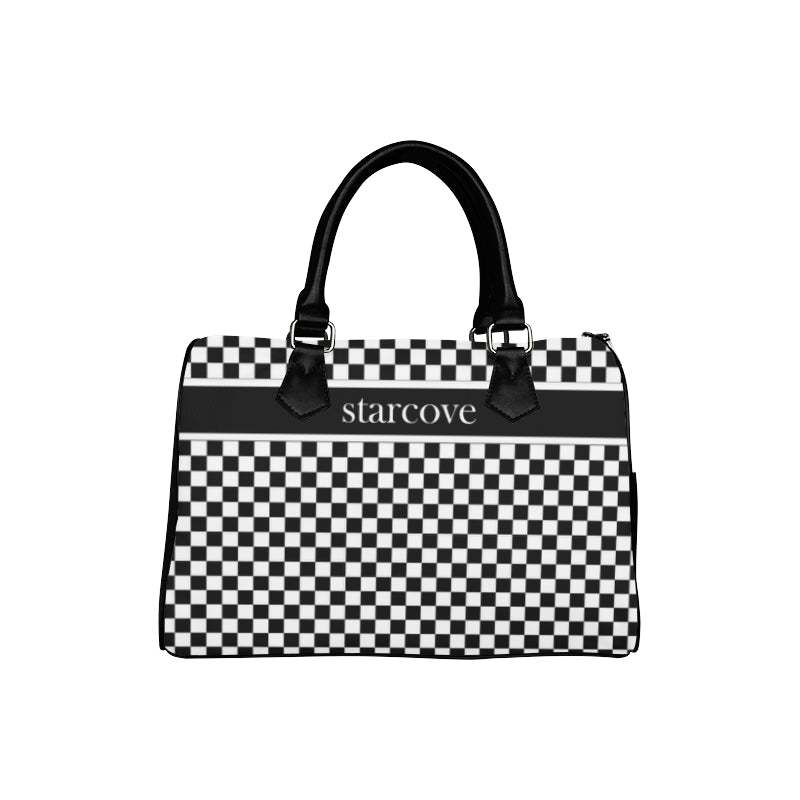Black and White Handbag, Checkered Racing Print, Canvas and Leather Barrel Type Designer Purse Starcove Fashion