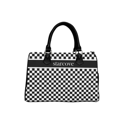 Black and White Handbag, Checkered Racing Flag Checkerboard Print Canvas and Leather Barrel Type Designer Top Handle Purse Starcove Fashion