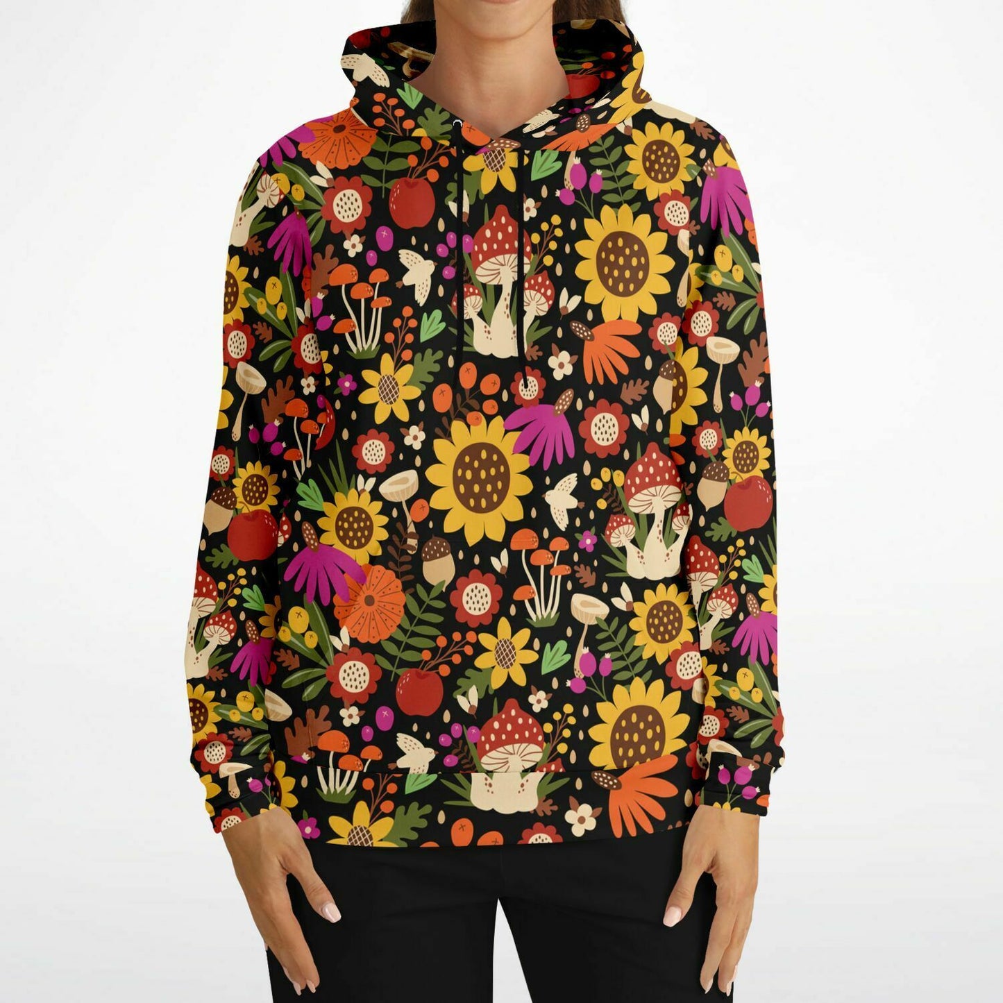 Mushroom Hoodie, Sunflower Floral Birds Pullover Men Women Adult Aesthetic Graphic Cotton Hooded Sweatshirt with Pockets