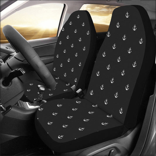 Nautical Anchor Car Seat Covers 2 pc, Vintage Sea Ocean Black Boat Sailing Pattern Front Seat Men Women Car SUV Truck Protector Accessory