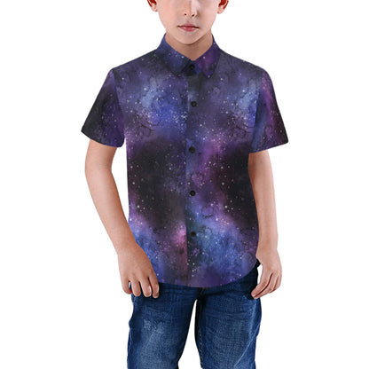 Galaxy Boys Button Up Shirt, Space Stars Universe Print Kids Dress Buttoned Collar Dress Shirt with Chest Pocket Short Sleeve Starcove Fashion
