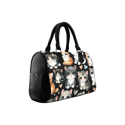 Cute Cats Purse, Kittens Watercolor Art Print Top Handle Handbag Canvas Leather Boston Barrel Type Designer Bag Women Ladies Gift