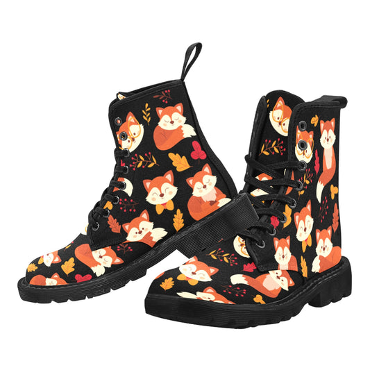 Cute Fox Women Boots, Animal Pattern Vegan Canvas Lace Up Festival Shoes Fashion Print Ankle Combat Handcrafted Casual Custom Gift Starcove Fashion