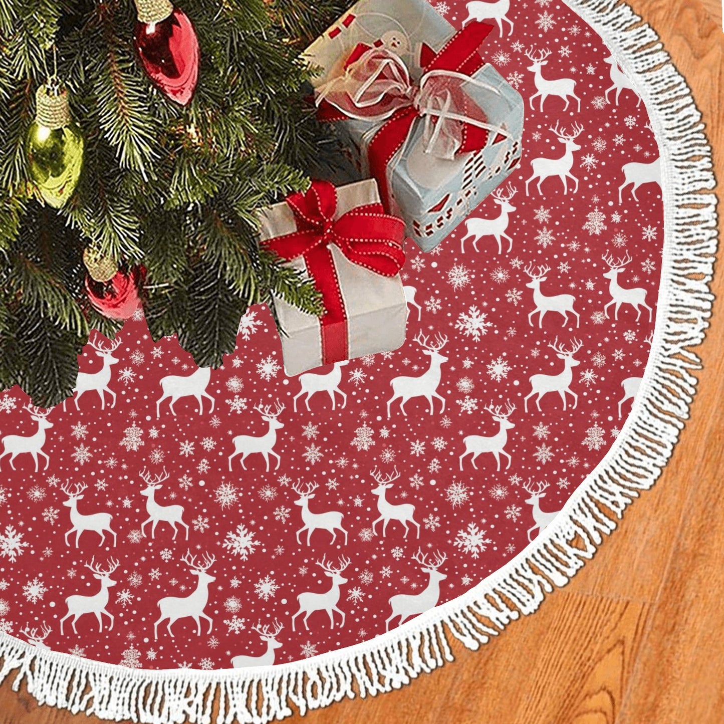 Red White Christmas Tree Skirt with Fringe, Snowflakes Reindeer Vintage Xmas Cover Decor Decoration 30 36 48 60 Inch Small Large Party