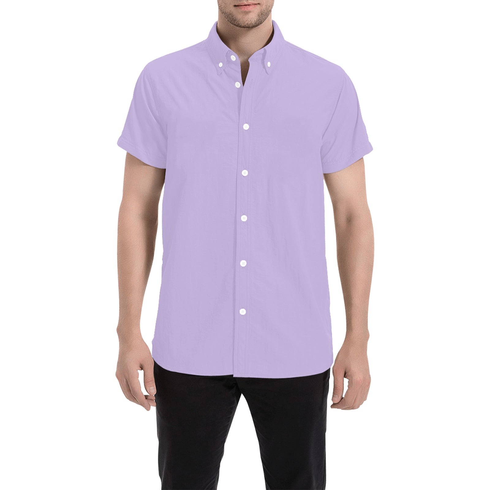 Purple Short Sleeve Men Button Down Shirt, Lilac Lavender Solid Color