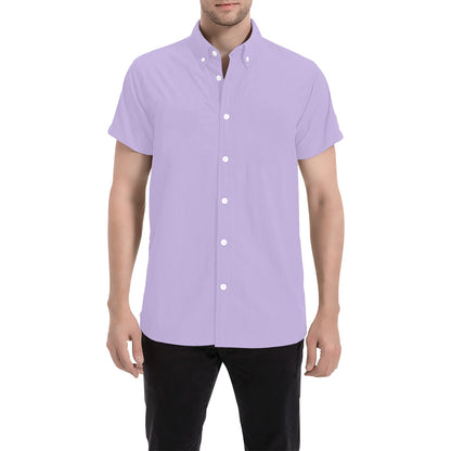 Purple Short Sleeve Men Button Down Shirt, Lilac Lavender Solid Color Print Casual Buttoned Summer Dress Collared Plus Size