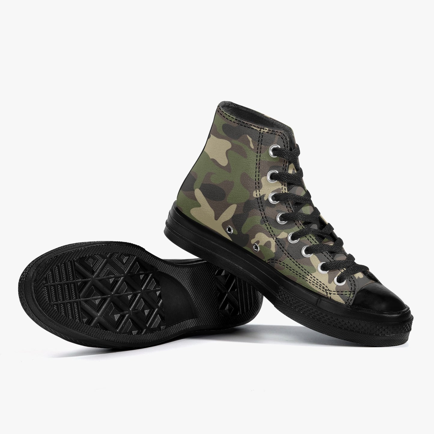 Camo High Top Shoes, Green Camouflage Black Lace Up Sneakers Footwear Rave Canvas Streatwear Designer Men Women Gift Idea Starcove Fashion