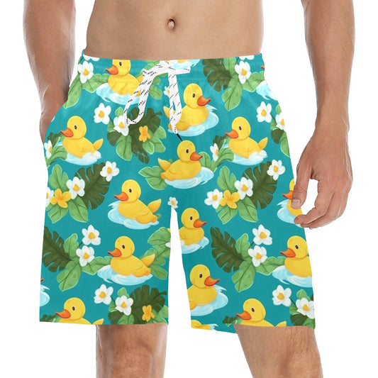 Yellow Rubber Duck Men Swim Trunks Shorts, Tropical Print Swimming Mid Length Funny Beach Pockets Mesh Drawstring Casual Bathing Suit Summer