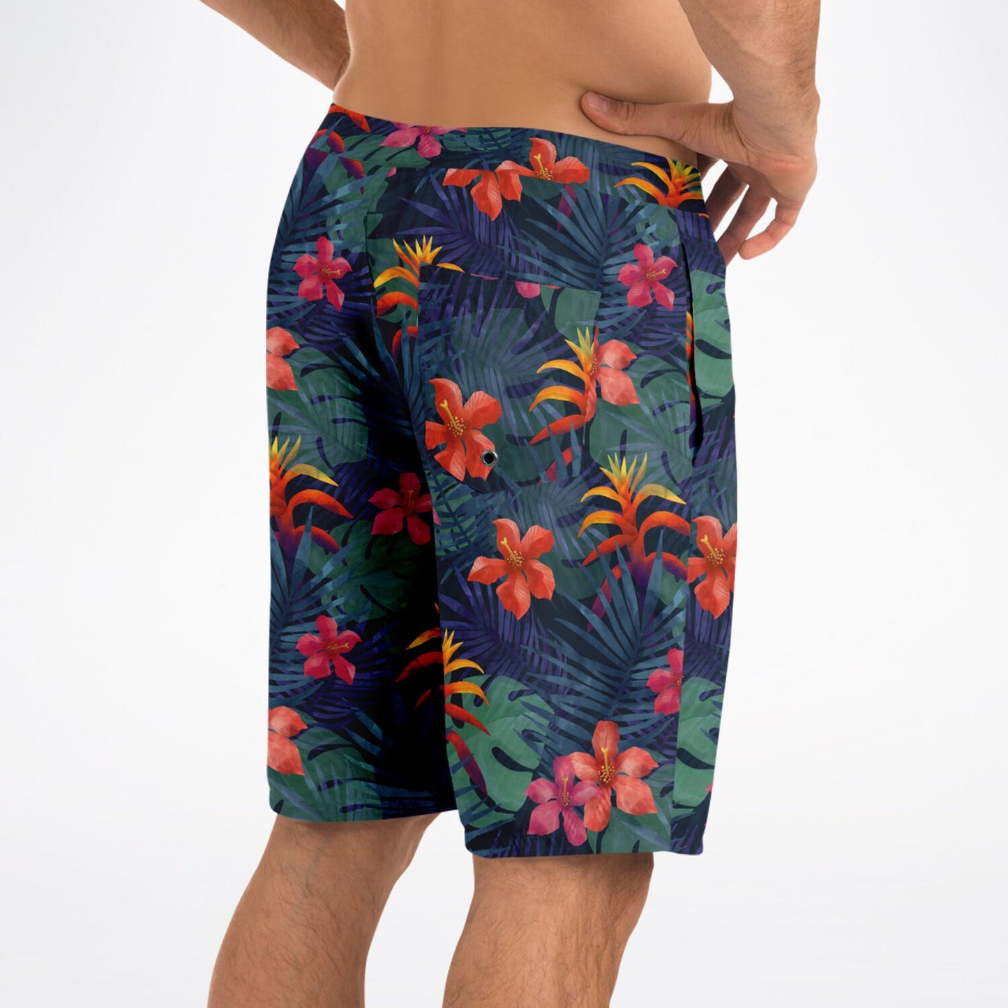 Tropical Men Board Shorts, Jungle Flowers Green Mid Length Blue Beach Surf Swim with Pockets & Mesh Drawstring Casual Bathing Suit