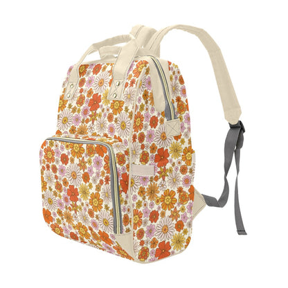 Retro Floral Diaper Bag Backpack, Pink Flowers Groovy 70s Baby Girl Waterproof Insulated Pockets Stylish Mom Designer Men Women Multipurpose