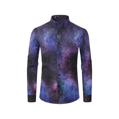 Galaxy Long Sleeve Men Button Up Shirt, Space Nebula Geeky Stars Print Dress Buttoned Collared Casual Dress Shirt with Chest Pocket Starcove Fashion