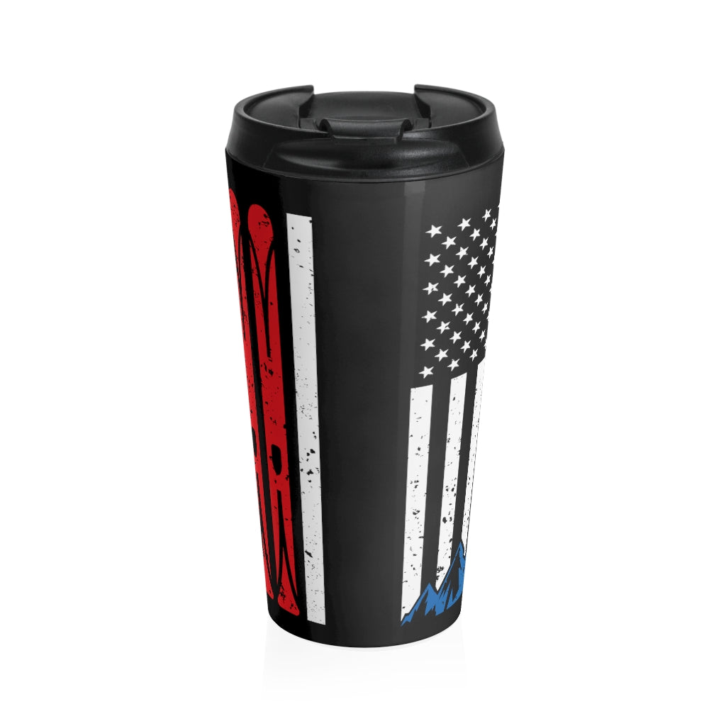 USA Ski Travel Mug, American Flag Patriotic Mountain Skiing Stainless Steel Cup Flask Coffee Traveler Tumbler with Lid Gift Starcove Fashion