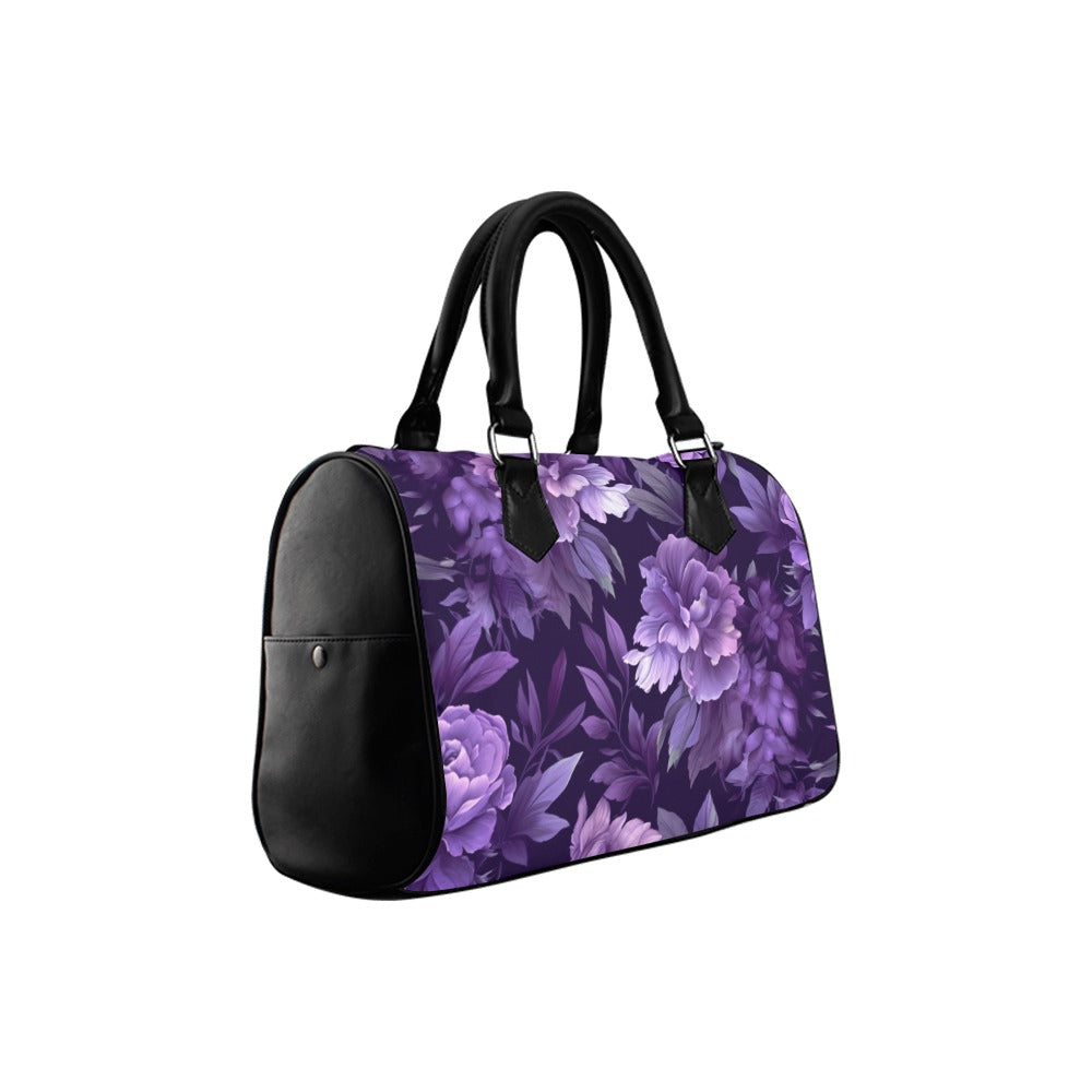 Dark Purple Floral Print Handbag Purse, Cute Flowers Art Top Zipper Canvas Leather Top Handle Barrel Type Women Designer Ladies Starcove Fashion