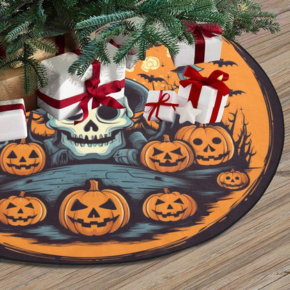 Halloween Tree Skirt, Orange Black Skull Wizard Ghosts Christmas Stand Base Cover Home Decor Decoration All Hallows Eve Creepy Spooky Party