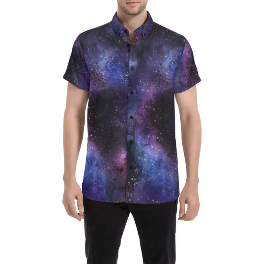 Galaxy Short Sleeve Men Button Down Shirt, Purple Outer Space Universe Astronomy Print Casual Buttoned Up Summer Collared Dress Plus Size