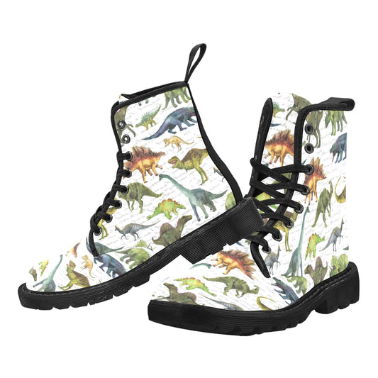 Dinosaur Women Boots, Cute Dino Pattern Vegan Canvas Lace Up Festival Shoes Fashion Print Ankle Combat Handcrafted Casual Custom Gift Starcove Fashion