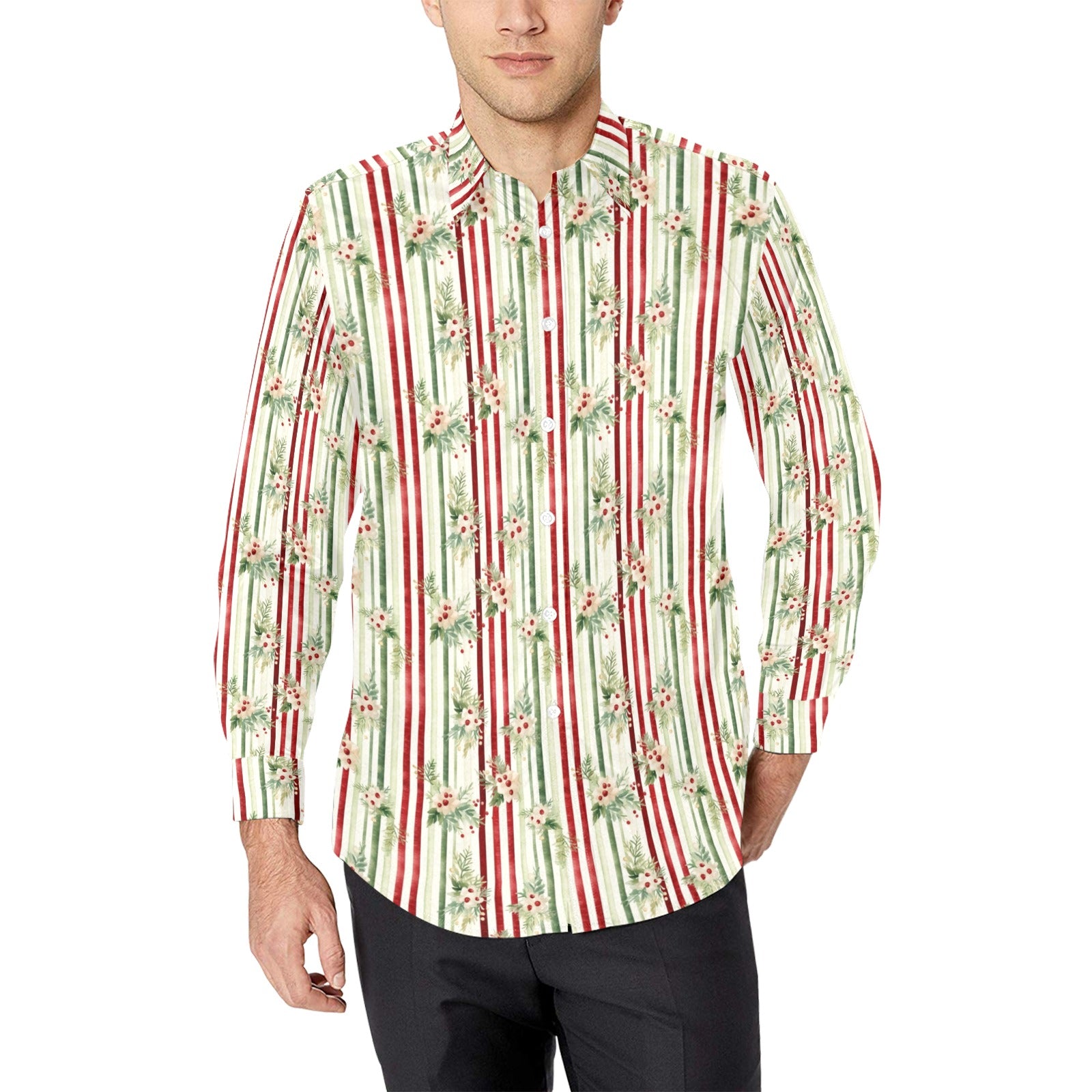 Red Green Striped Long Sleeve Men Button Up Shirt, Christmas berries X – Starcove Fashion