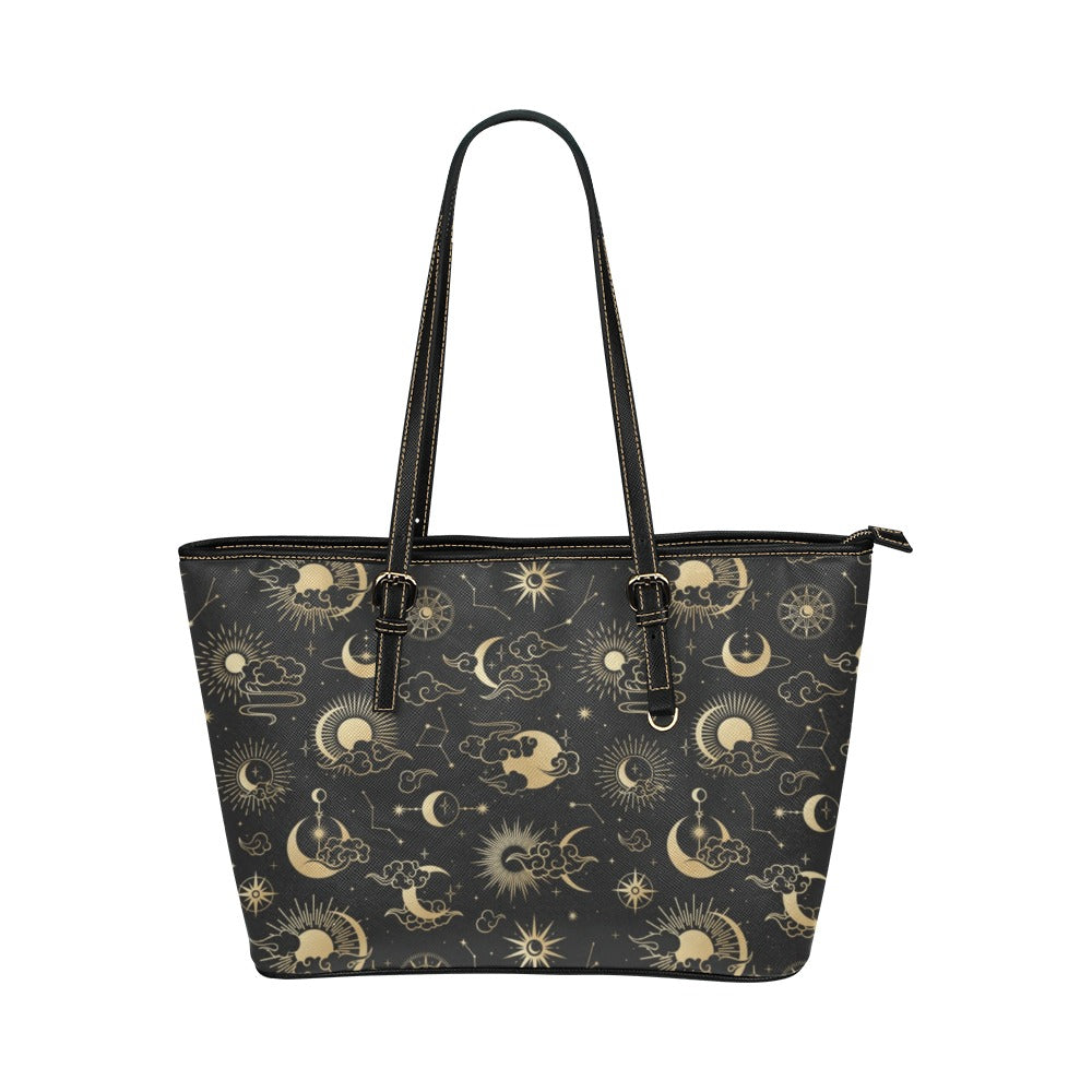 Moon Stars Sun Tote Bag Purse, Galaxy Space Print Handbag High Grade Leather Zip on Top Designer Handmade Shoulder Bag For Women Starcove Fashion