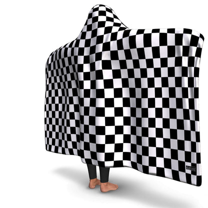 Black White Checkered Hooded Blanket, Check Racing Flag Fleece Microfiber Fluffy Sherpa Adult Youth Men Woman Wearable Cloak Winter Gift Starcove Fashion