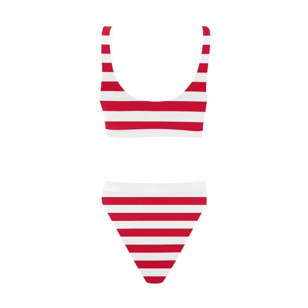 Red and White Striped Bikini Set, Sexy Sport Top High Waisted