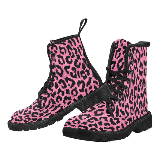 Pink Leopard Women's Boots, Animal Print Vegan Canvas Lace Up Shoes Black Cheetah Festival Army Ankle Combat Winter Casual Custom Gift Starcove Fashion