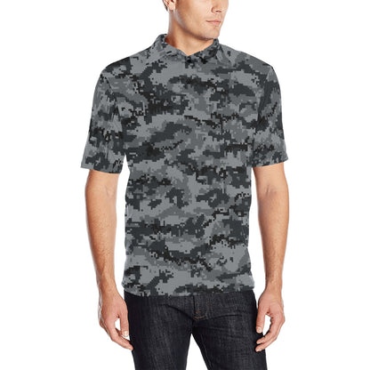 Camouflage Men Polo Collared Shirt, Digital Camo Grey Black Pattern Casual Summer Buttoned Down Up Shirt Short Sleeve Sports Golf Tee Starcove Fashion