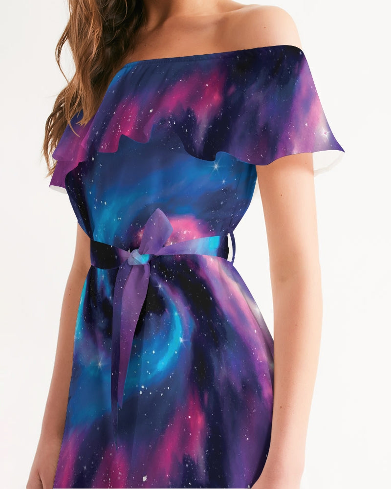 Galaxy Space Women's Off-Shoulder Dress, Nebula Universe Constellation Cocktail Mini Cute Handmade Designer Short Sleeve Ruffle with Belt White base Galaxy Space Women's Off-Shoulder Dress, Nebula Universe Constellation Cocktail Mini Cute Handmade Designer Short Sleeve Ruffle with Belt White base