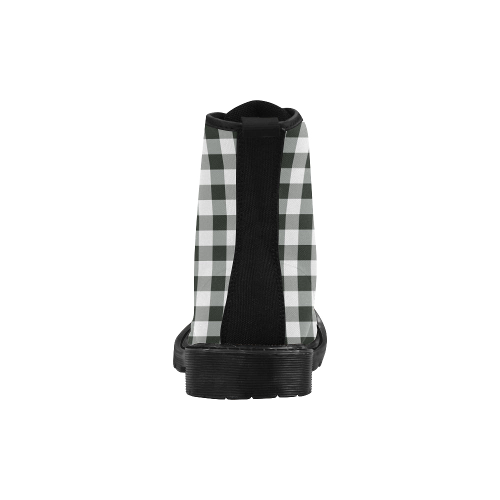 Black White Buffalo Plaid Women's Boots, Check Checkered Vegan Canvas Lace Up Shoes, Print Army Ankle Combat, Winter Casual Custom Gift Starcove Fashion
