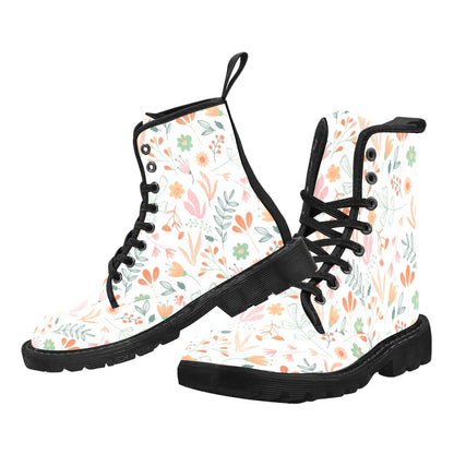 White Floral Combat Boots Women, Pink Flowers Vegan Canvas Lace Up Shoes Print Black Ankle Casual Custom Gift Starcove Fashion
