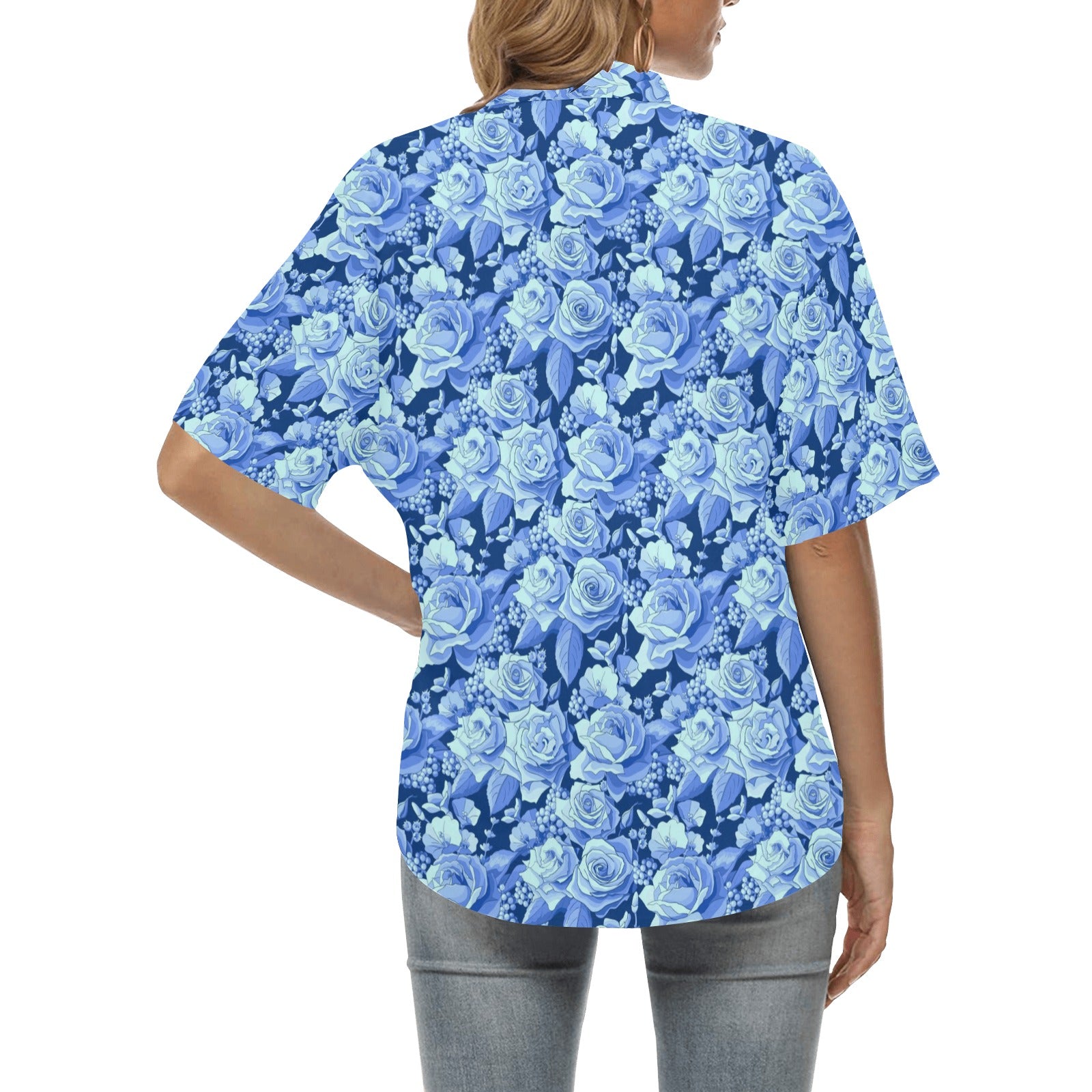 Starcove Blue Floral Women Hawaiian Shirt, Flowers Tropical Print Vintage Retro Hawaii Aloha Cool Button Up Down Ladies Cool Blouse XL