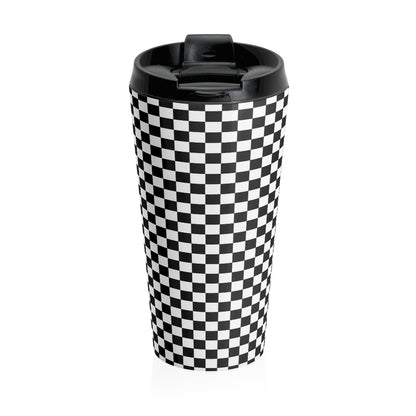 Checkered Stainless Steel Travel Mug, Black White Square Checks Eco Friendly Cup Flask Coffee Traveler Tumbler with Lid Gift Starcove Fashion