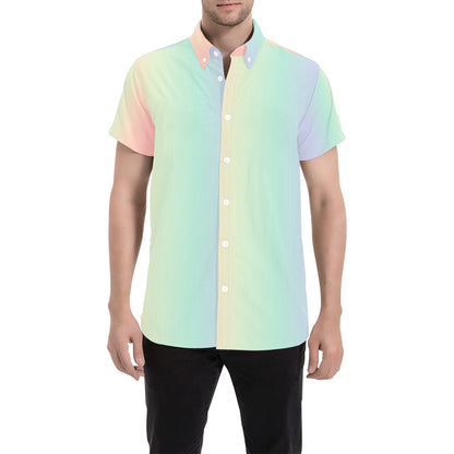 Pastel Rainbow Shirt Mens, Ombre Striped Short Sleeve Button Up Green Purple Print Fun Casual Buttoned Down Summer Collared Dress Plus Size