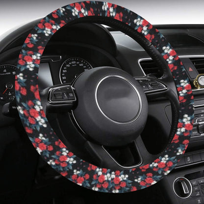 Red Roses Steering Wheel Cover with Anti-Slip Insert, Flowers Floral Botanical Women Print Car Auto Wrap Protector Accessories