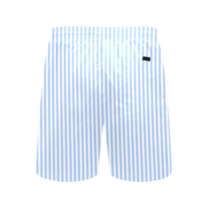 Blue White Striped Men Swim Trunks, Mid Length Shorts Beach Pockets Mesh Lining Drawstring Boys Casual Bathing Suit Plus Size Swimwear