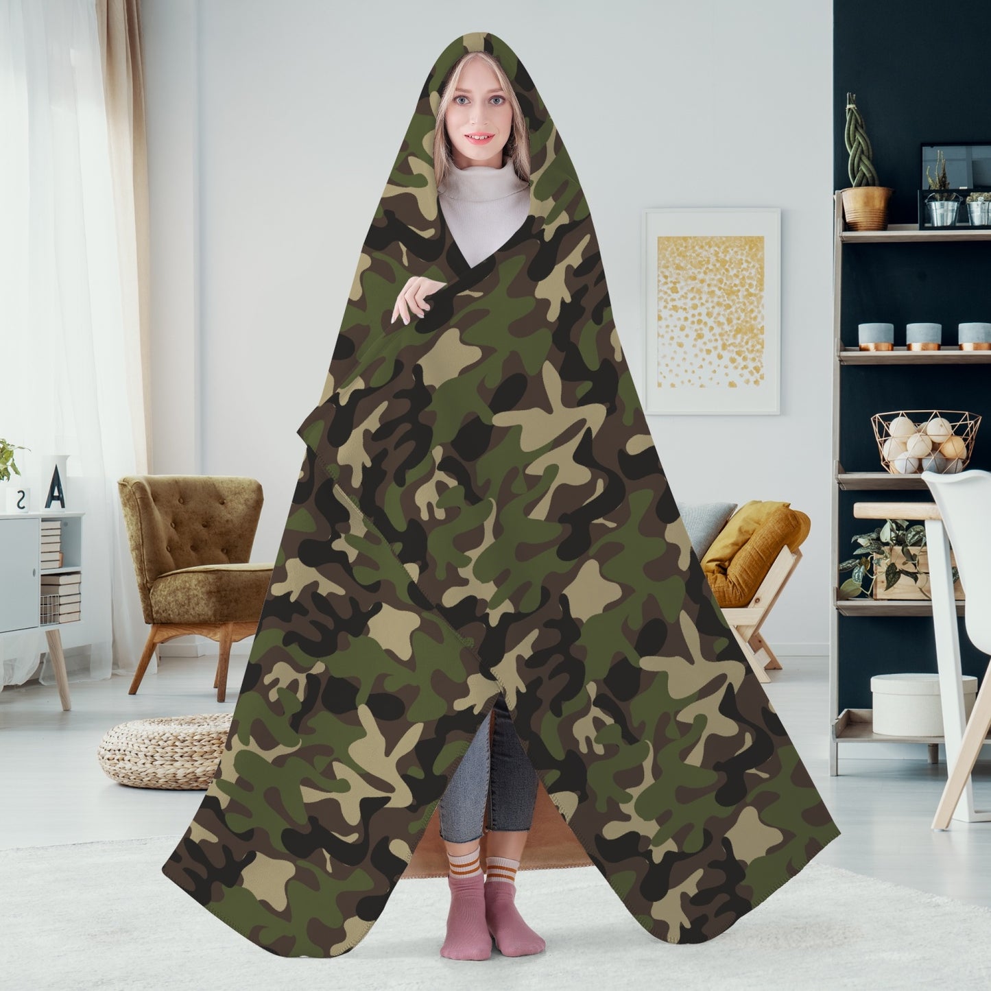 Camo Hooded Blanket, Green Camouflage Sherpa Fleece Soft Fluffy Cozy Warm Adult Men Women Kids Large Wearable with Hood Gift Starcove Fashion