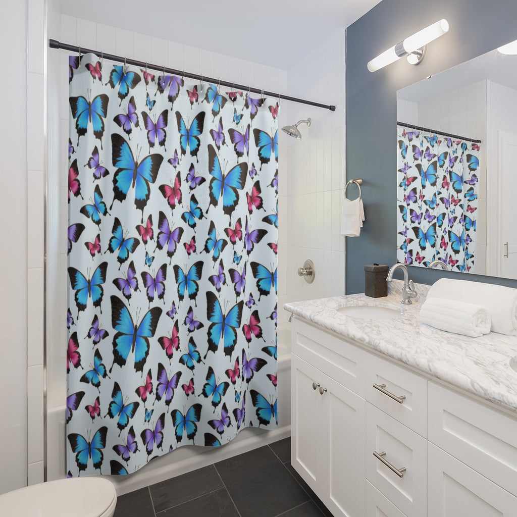 Blue Butterfly Shower Curtain, Boho Fabric Unique Bath Bathroom Decor Cool Housewarming Home Gift 71" x 74"