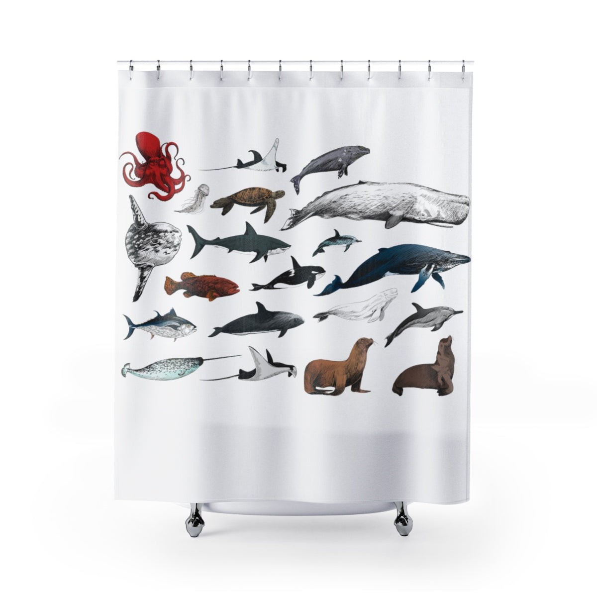 Nautical Shower Curtains, Ocean Sea Marine Life, Cute Whale Octopus Turtle Dolphin, Bath Bathroom Decor, Housewarming Gift Starcove Fashion