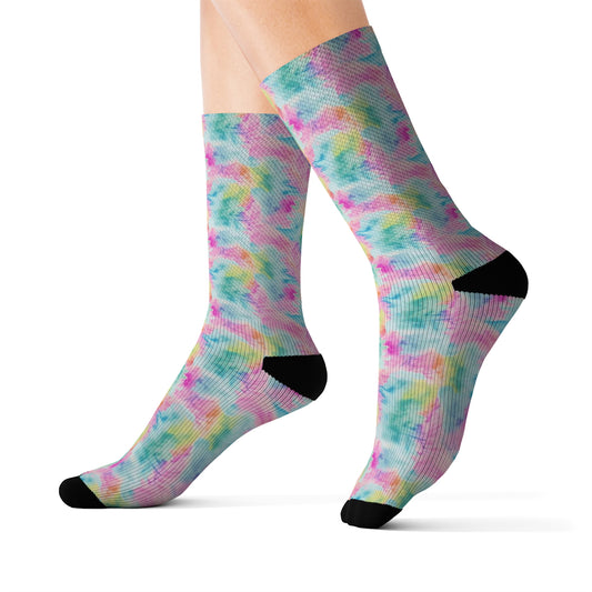 Pastel Tie Dye Socks, Pink Crew 3D Sublimation Women Men Designer Fun Novelty Cool Funky Crazy Casual Cute Unique Starcove Fashion
