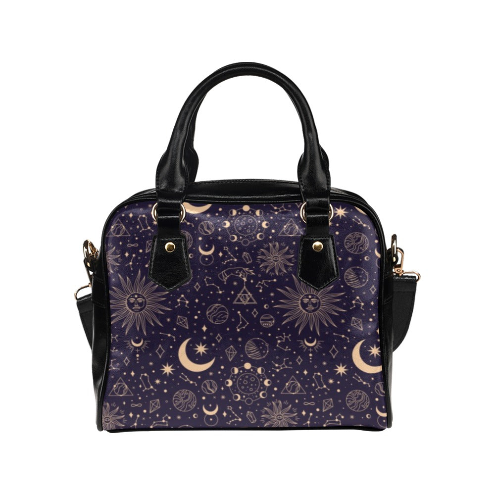 Celestial Stars Purse, Constellation Space Black Purple Sun Moon Cute Small Shoulder Zip Bag High Grade PU Leather Women Designer Handbag